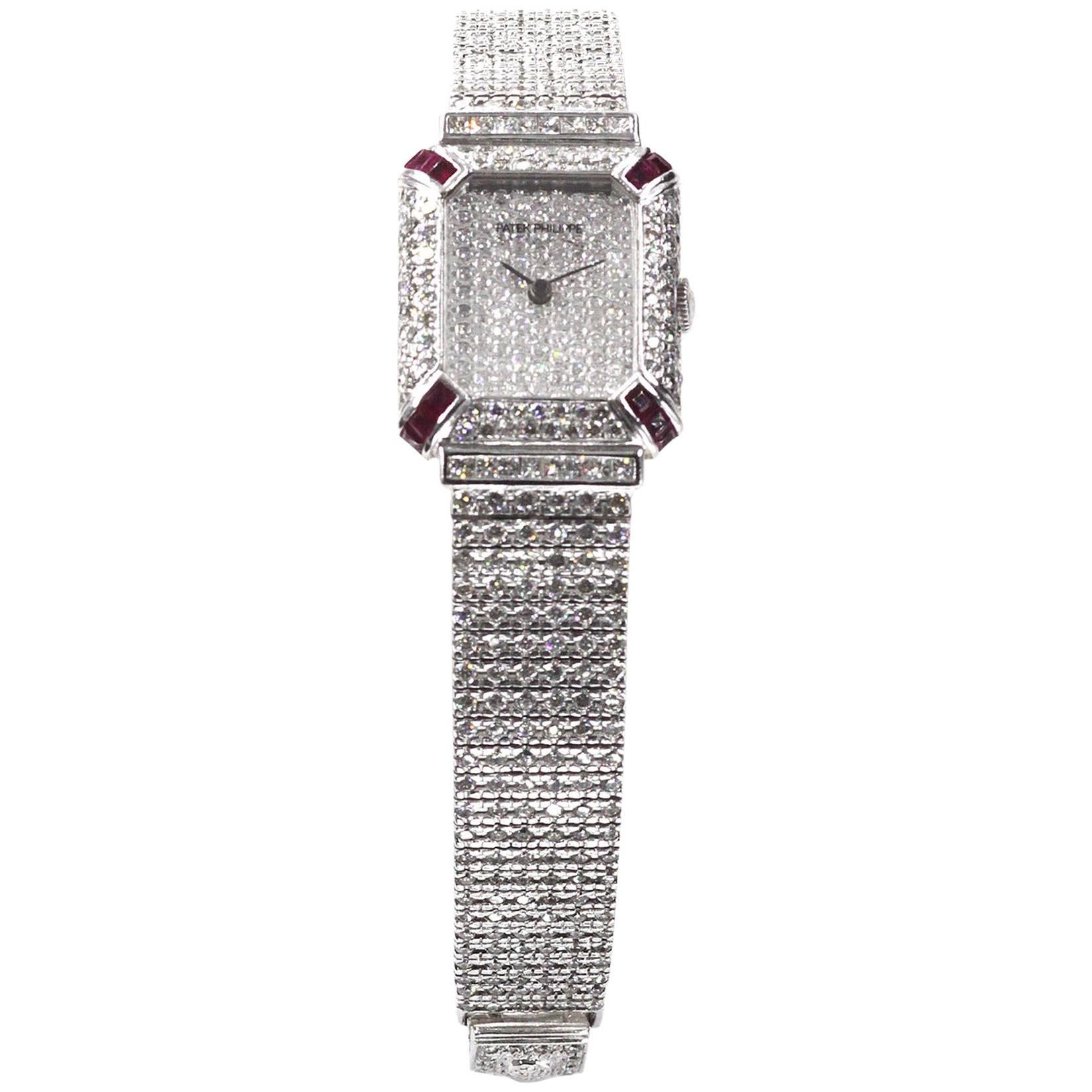 Patek Philippe Ladies White Gold Diamond Ruby Wristwatch For Sale
