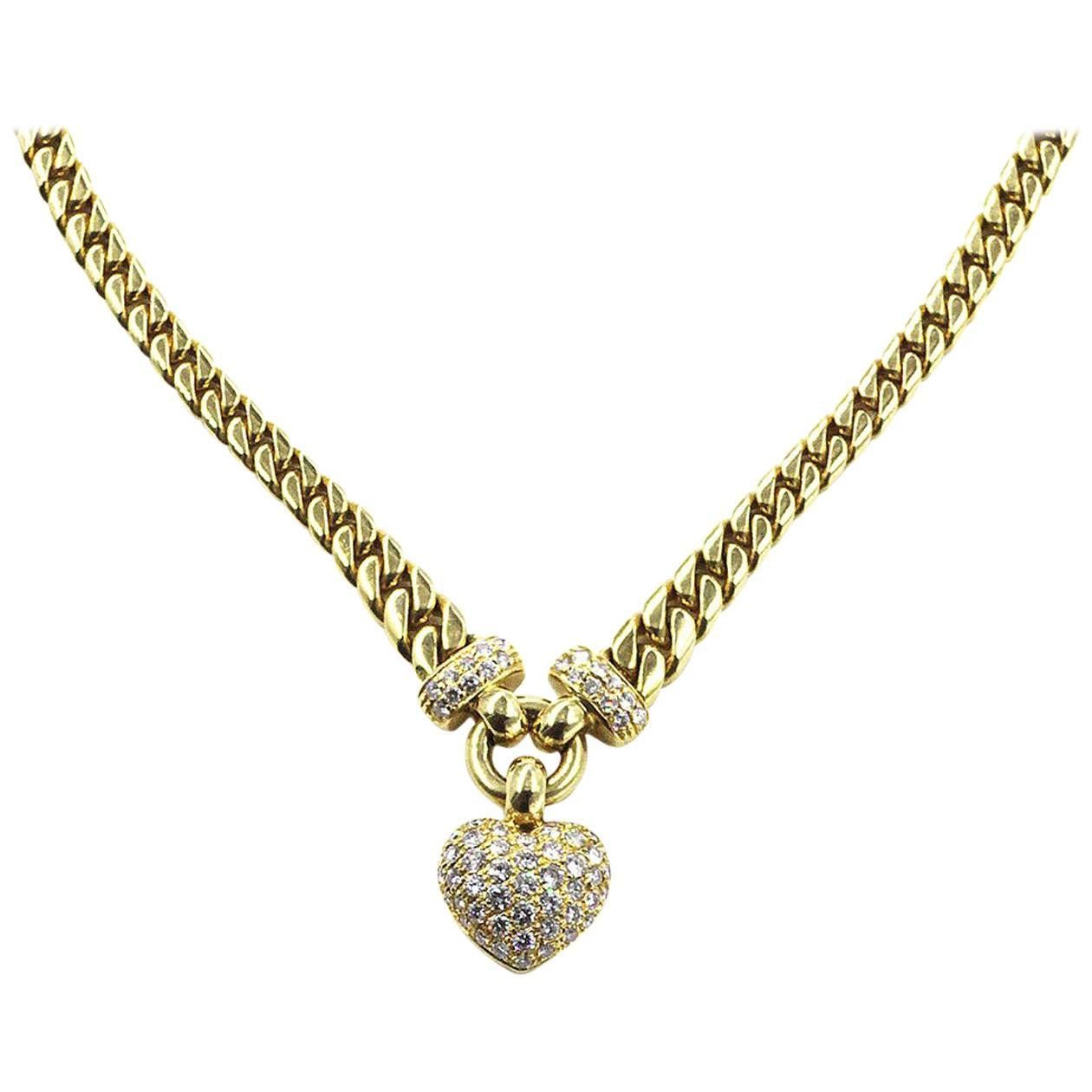 Custom Gold Diamond Heart Pendant Necklace with 18 Karat Miami Cuban Link Chain For Sale