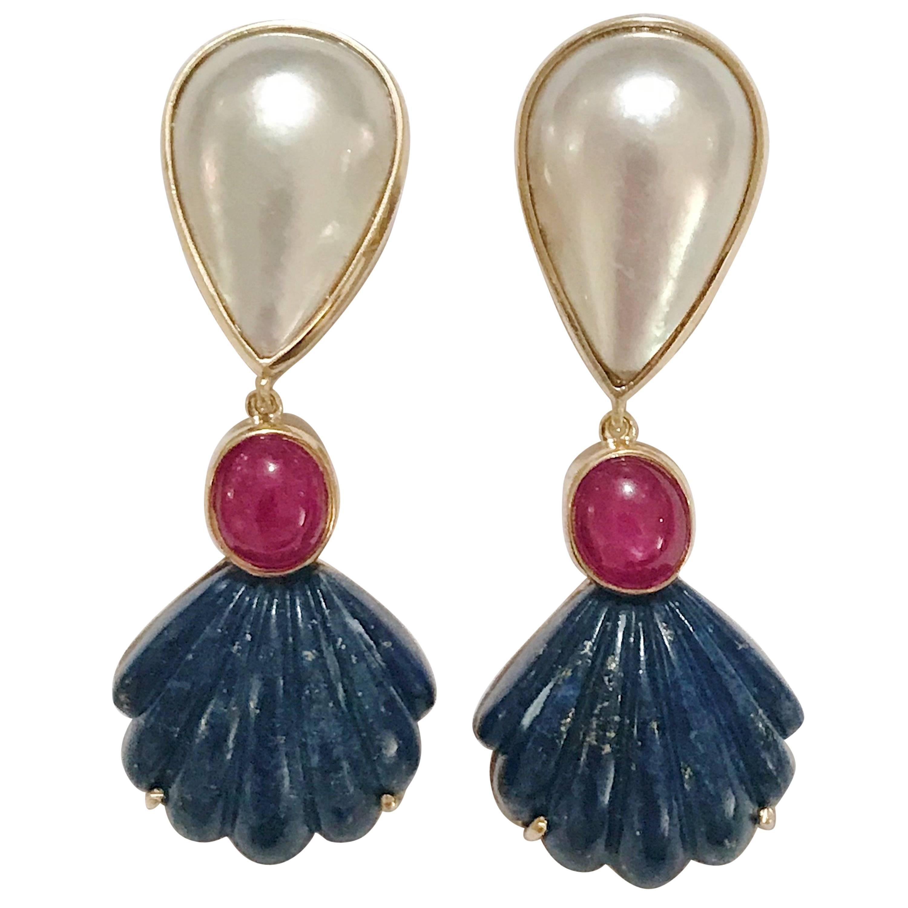 A. Clunn Drop Earring with Mave Pearl and Rubellite and Carved Sea Shell Lapis For Sale