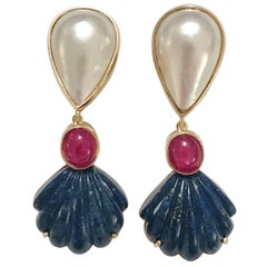 A. Clunn Drop Earring with Mave Pearl and Rubellite and Carved Sea Shell Lapis