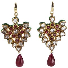 Special 24 Karat Gold Two-Sided Christmas Earrings, Diamonds, Rubies and Enamel