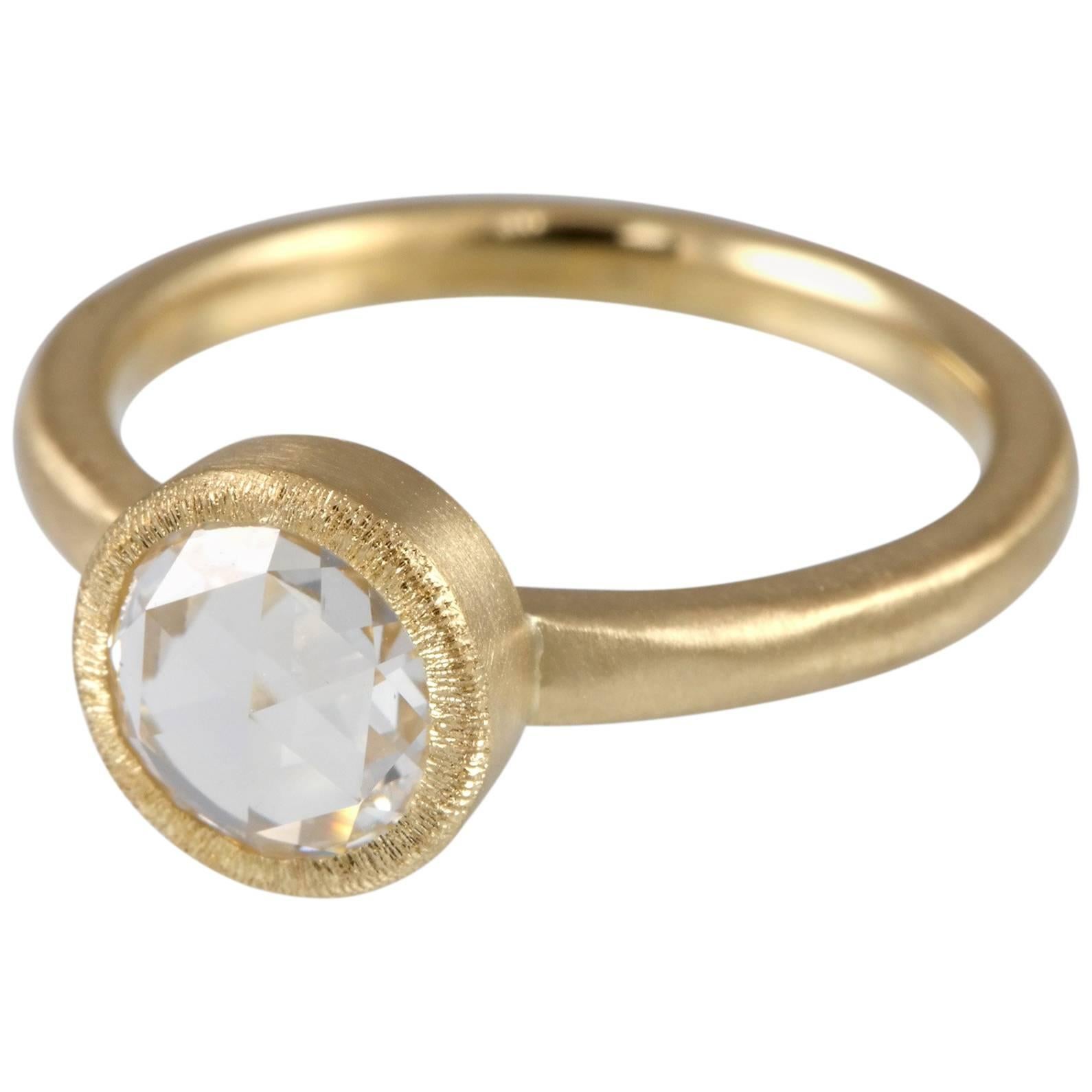 .48 Carat Bezel Set Rose Cut Diamond Ring with Matte 18 Karat Gold Hammered Band For Sale