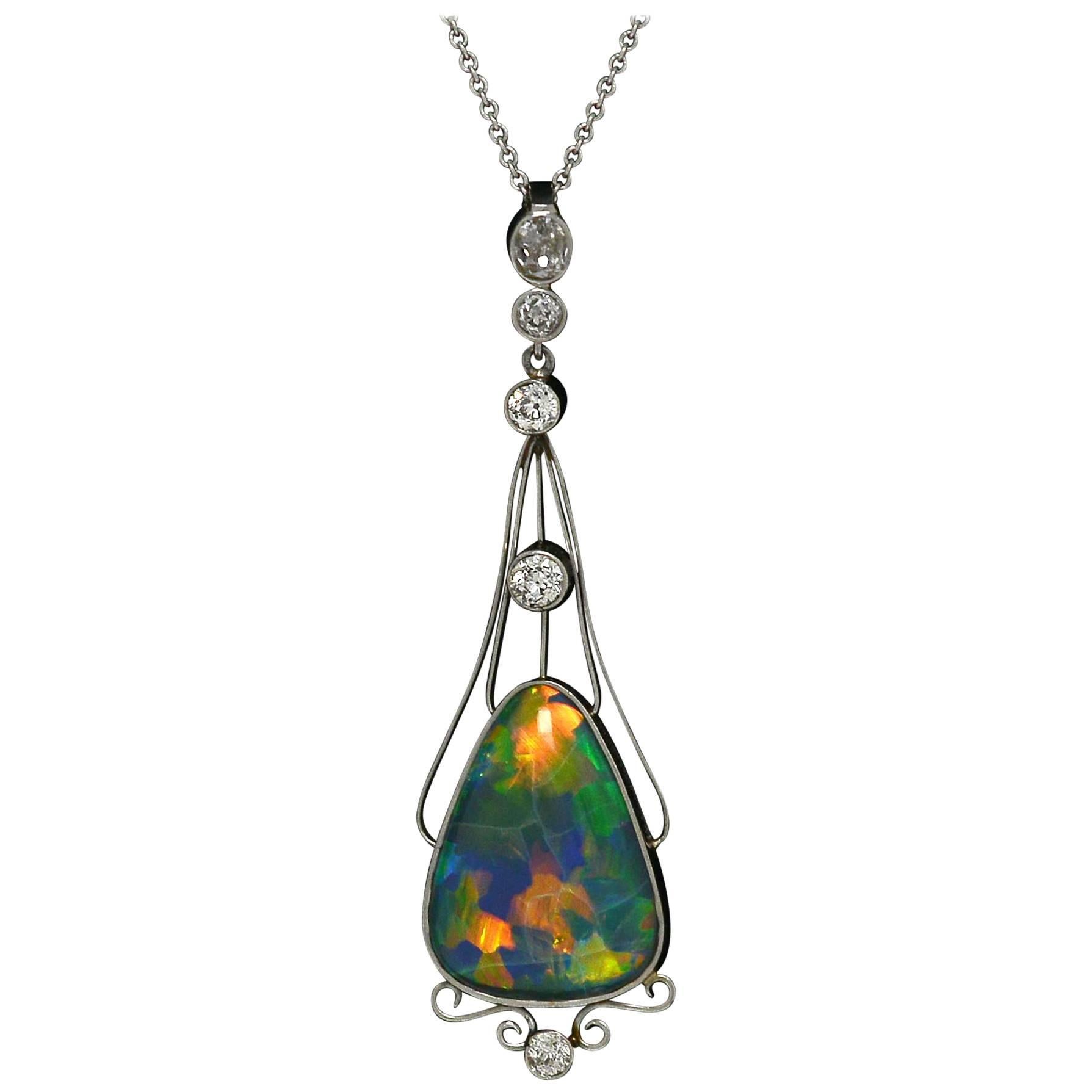 Art Nouveau Black Opal Diamond Platinum Antique Necklace Lightning Ridge