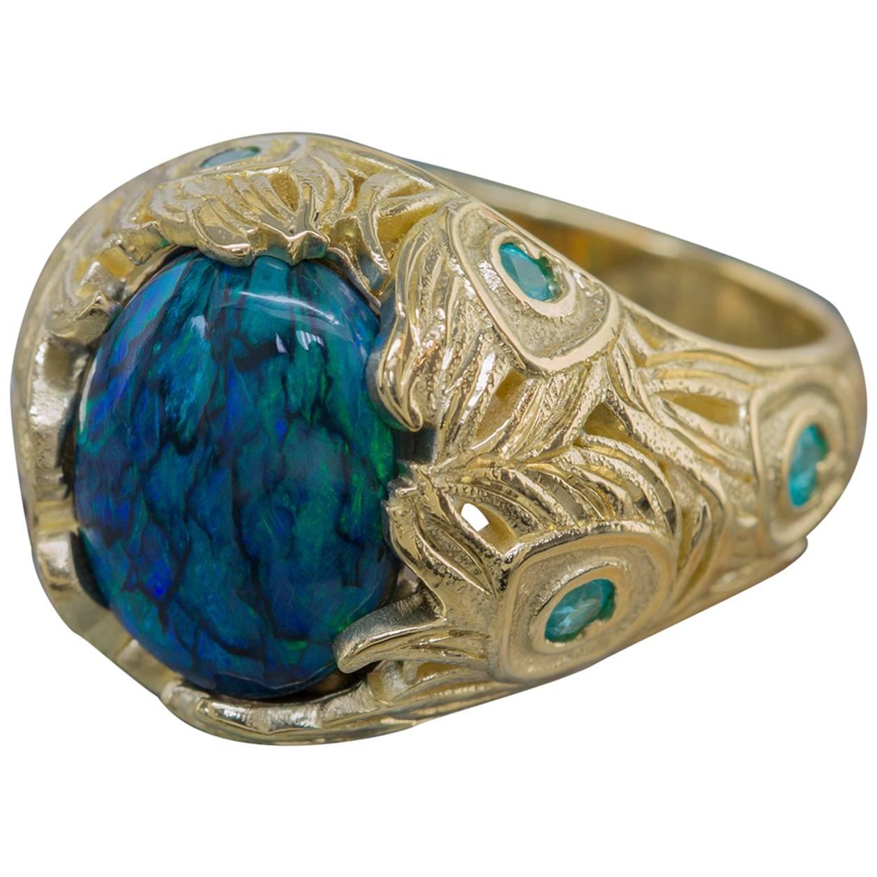 3.82 Carat Black Opal with Paraiba Tourmaline Peacock Ring in 18K Yellow Gold