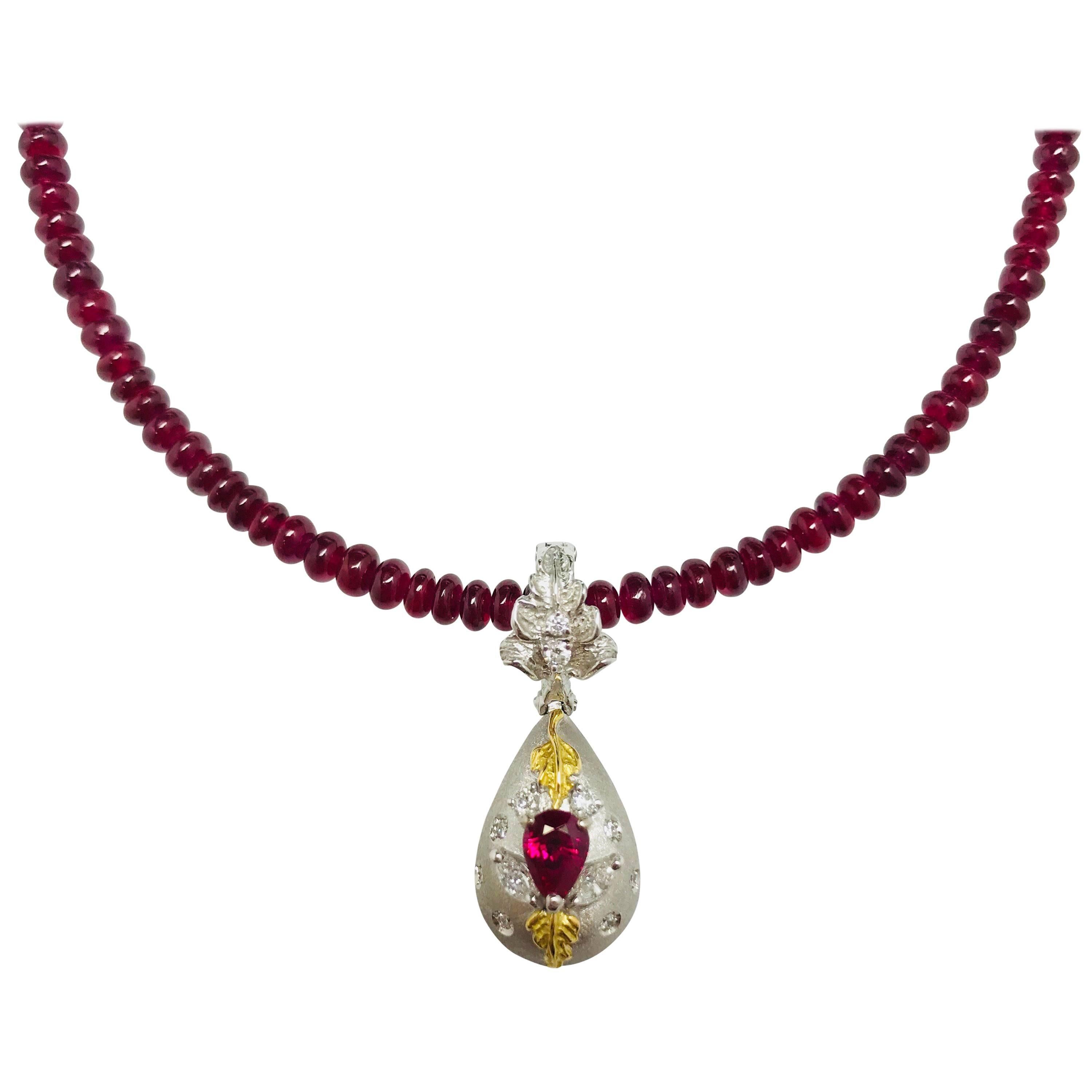 Matsuzaki Pear-shaped Ruby Diamond Locket Pill Box Gold Pendant Beads Necklace For Sale