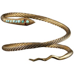 Antique French Snake Bangle Turquoise Garnet Silver Gilt, circa 1900