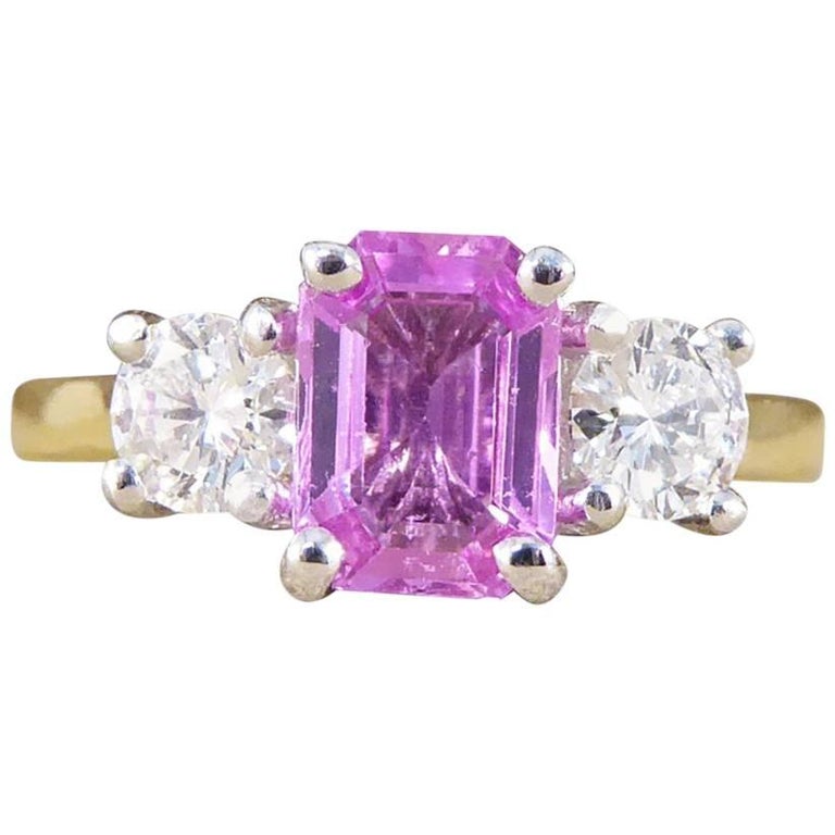 Pink Sapphire and Diamond Three-Stone Ring in 18 Carat Gold at 1stdibs