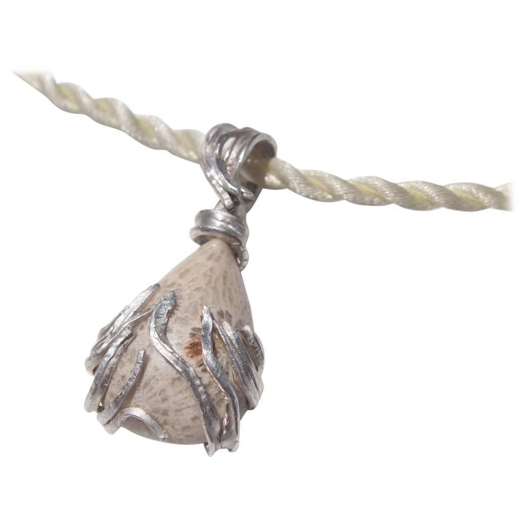 Coral Fossil Fine Silver Drop Pendant Necklace Organic Fossilized Jewelry   For Sale