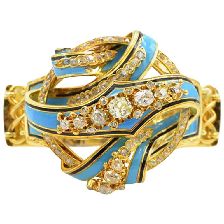 Victorian 18 Karat Gold Old Mine Cut Diamond Bracelet with Blue and Black Enamel For Sale