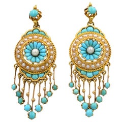 Antique Victorian 18 Karat Gold Chandelier Earrings with Turquoise and Pearl