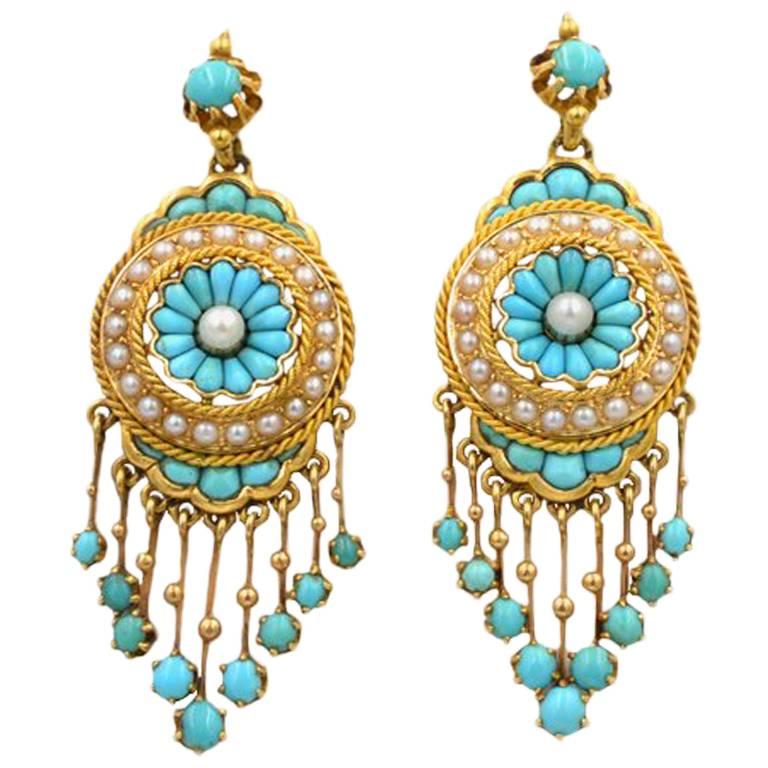 Antique Victorian 18 Karat Gold Chandelier Earrings with Turquoise and