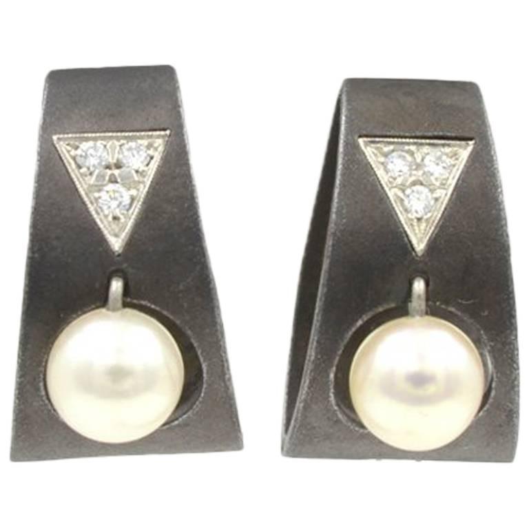 Marsh Blackened Stainless Steel Earrings with Pearls and Diamonds, circa 1930 For Sale