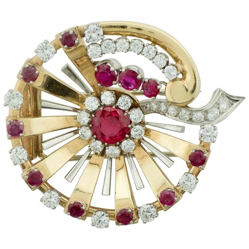 1950s Ruby and Diamond Yellow Gold Leaf Brooch For Sale at 1stDibs