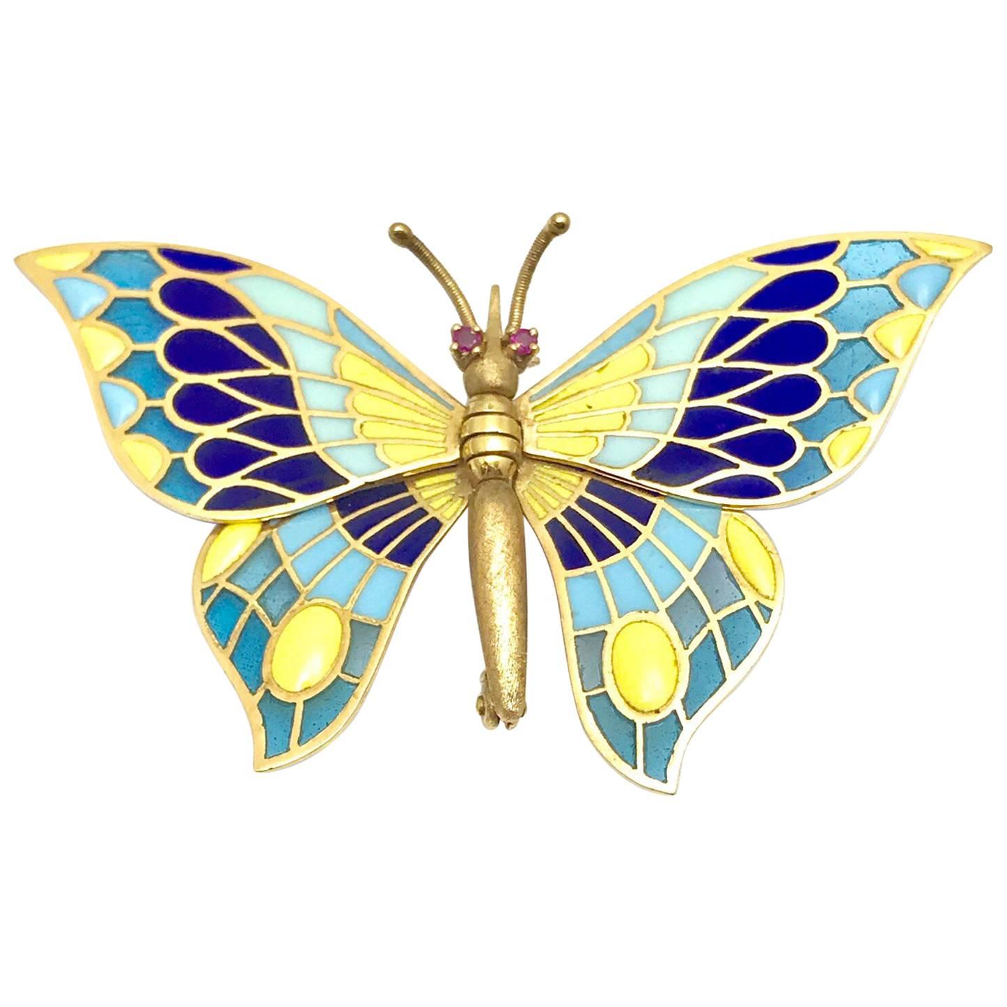 Plique à Jour Enamel and Ruby Gold Articulating Butterfly Brooch