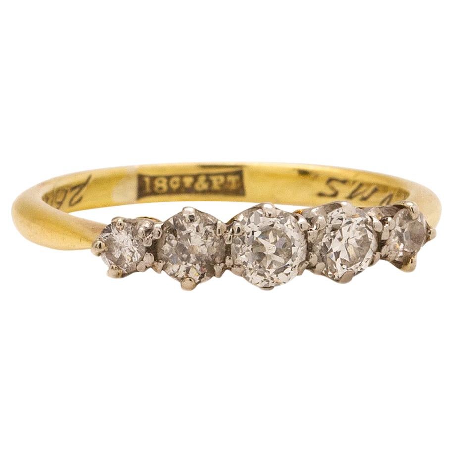 Vintage 18 Karat and Platinum Diamond Five-Stone Ring 0.53 Carat, circa 1927 For Sale