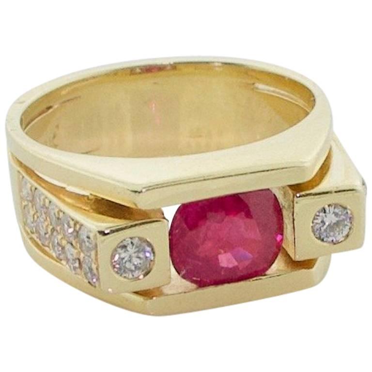 Burma Ruby and Diamond Ring in 14 Karat Yellow Gold For Sale