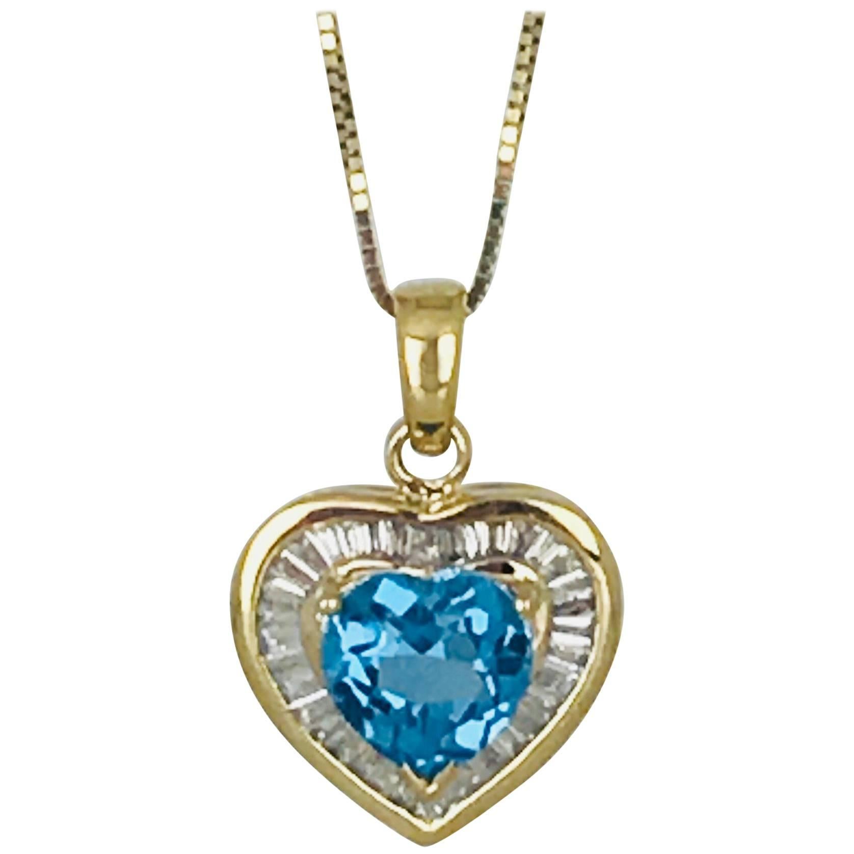 Ballerina Baguette Diamond Heart, 14 Karat with Swiss, Heart Blue Topaz For Sale