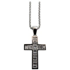 18 Karat White Gold Cross Set with Baguette and Princess Cut Diamonds on Chain