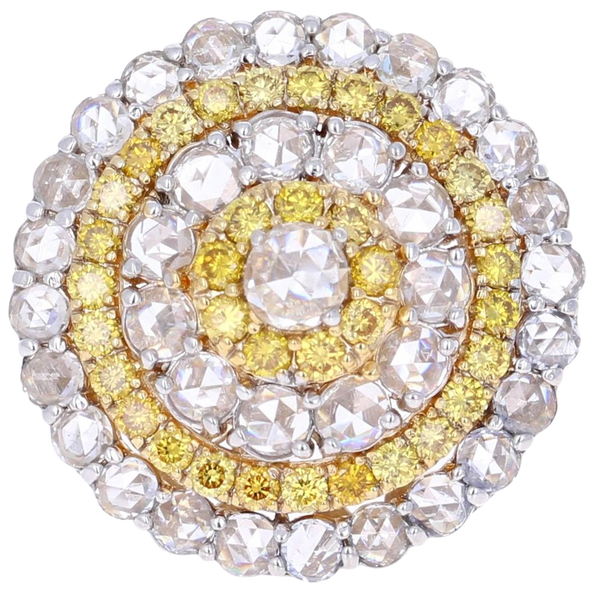 Elegance and beauty at its best - a real show stopper!   There are 36 Rose Cut Diamonds that weigh 1.94 carats clustered around the ring (Calrity: VS2 and Color: F).  There are also 36 Yellow Round Cut Diamonds that weigh 0.98 carats.  These are