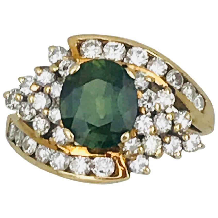 Green Sapphire 1.50 Carat Ring with 1.50 Carat Diamond, Retro Cluster For Sale