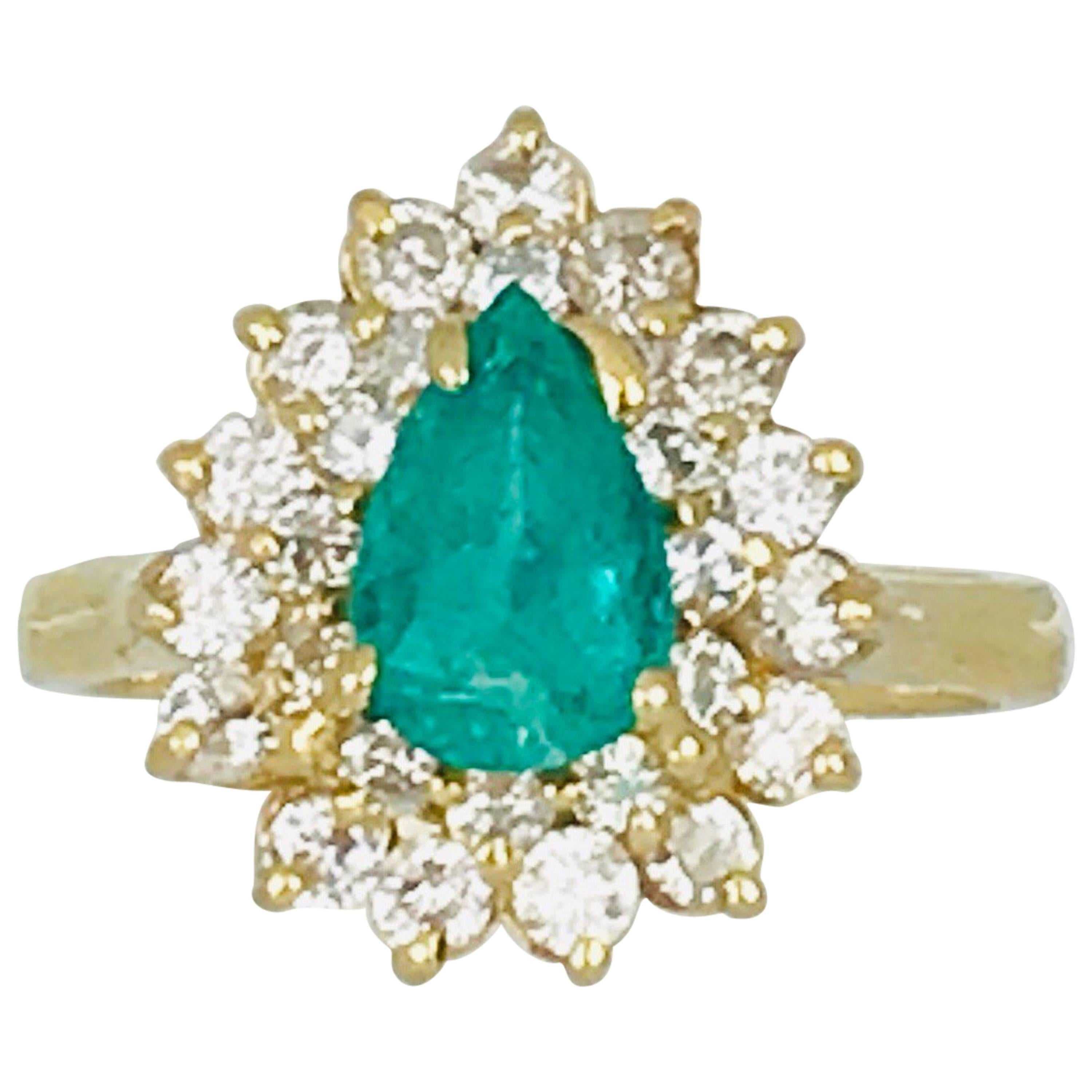 Colombian Pear Shaped 1.25 Carat Emerald with Diamonds, Retro Cluster For Sale