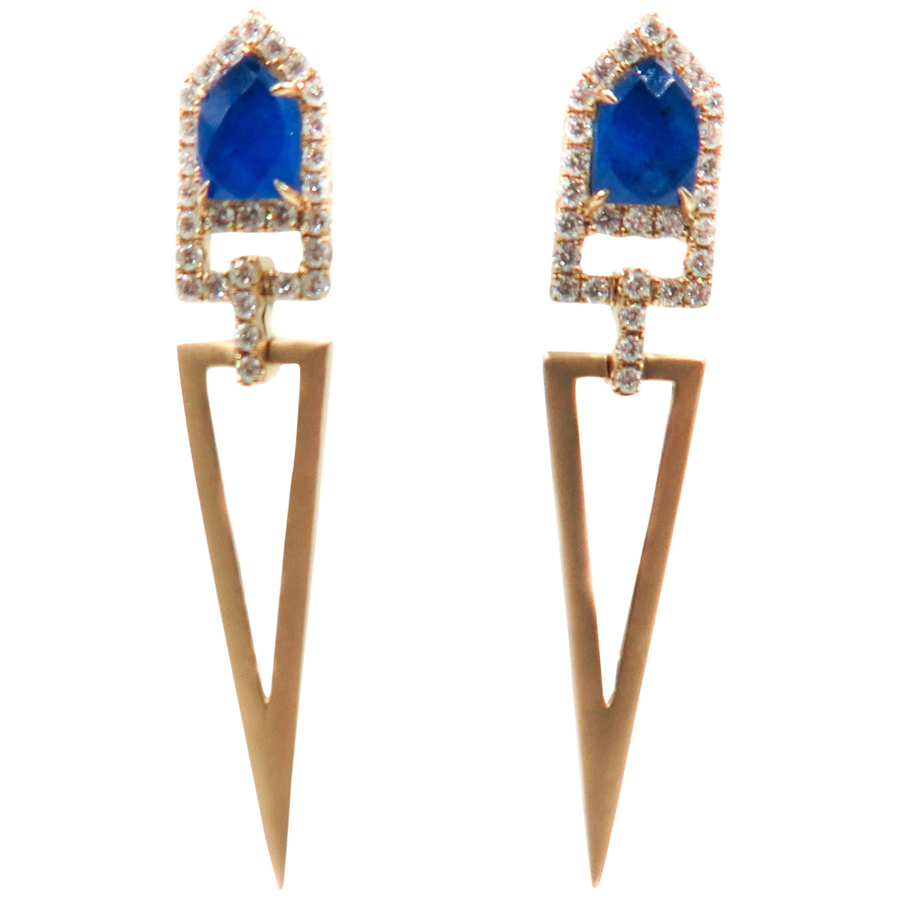 Lapis Lazuli and Diamond Geometric Gold Earrings