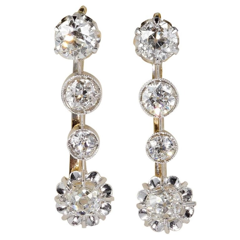 Victorian 3.40 Carat Diamond French Rare Drop Earrings For Sale at 1stDibs