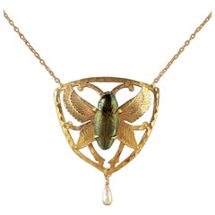 Antique Victorian Scarab Beetle Necklace 18 Carat Gold Silver, circa 1900