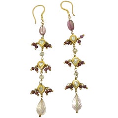 Diamonds, Sapphire, Pink Tourmaline Briolette Cut, 18 Carat Gold Dangle Earrings