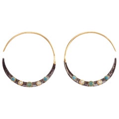Emerald, Turquoises, Pearls, 14 Carat Gold Oxidized Serling Silver Hoop Earrings