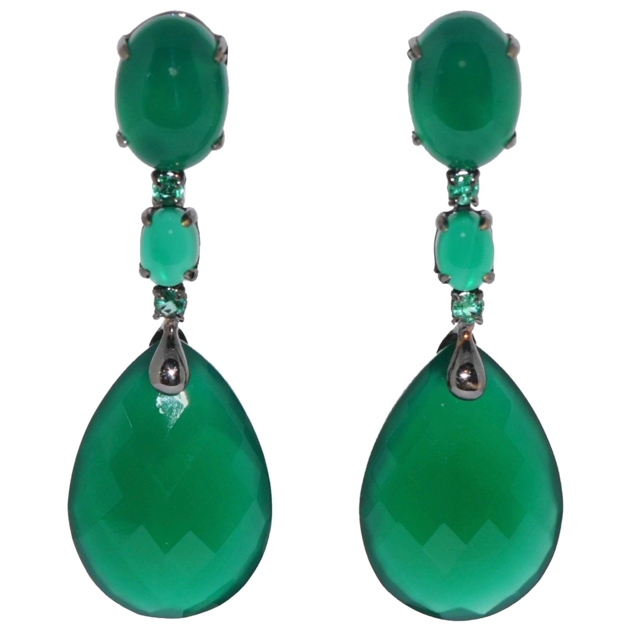 Green Agate and Emerald on Black Gold Chandelier Earrings