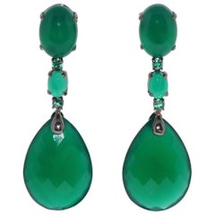 Green Agate and Emerald on Black Gold Chandelier Earrings