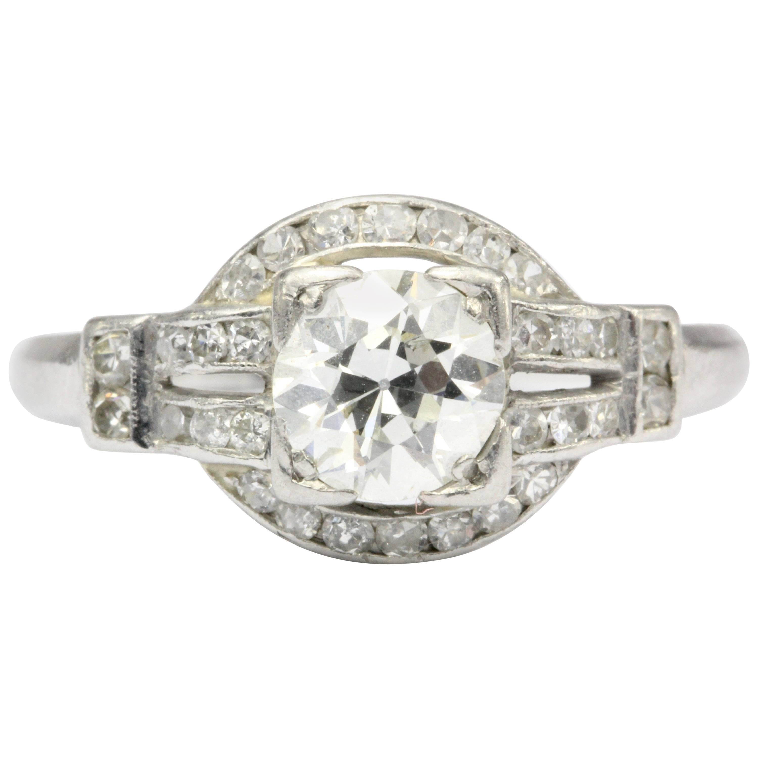 Art Deco Platinum .90 Carat Old European Cut Diamond Engagement Ring For Sale