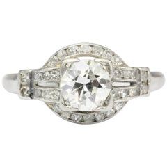 Vintage Art Deco Platinum .90 Carat Old European Cut Diamond Engagement Ring