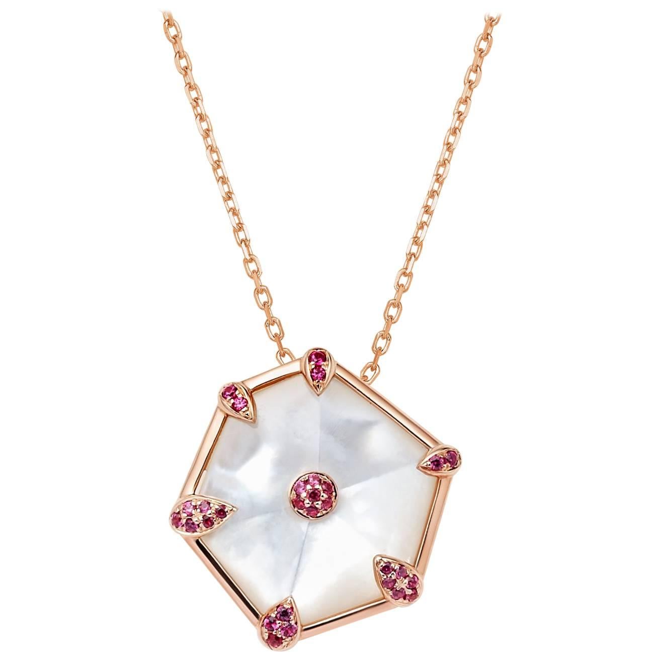 Fei Liu Mother of Pearl Pink Sapphire 18 Karat Rose Gold Hexagon Necklace