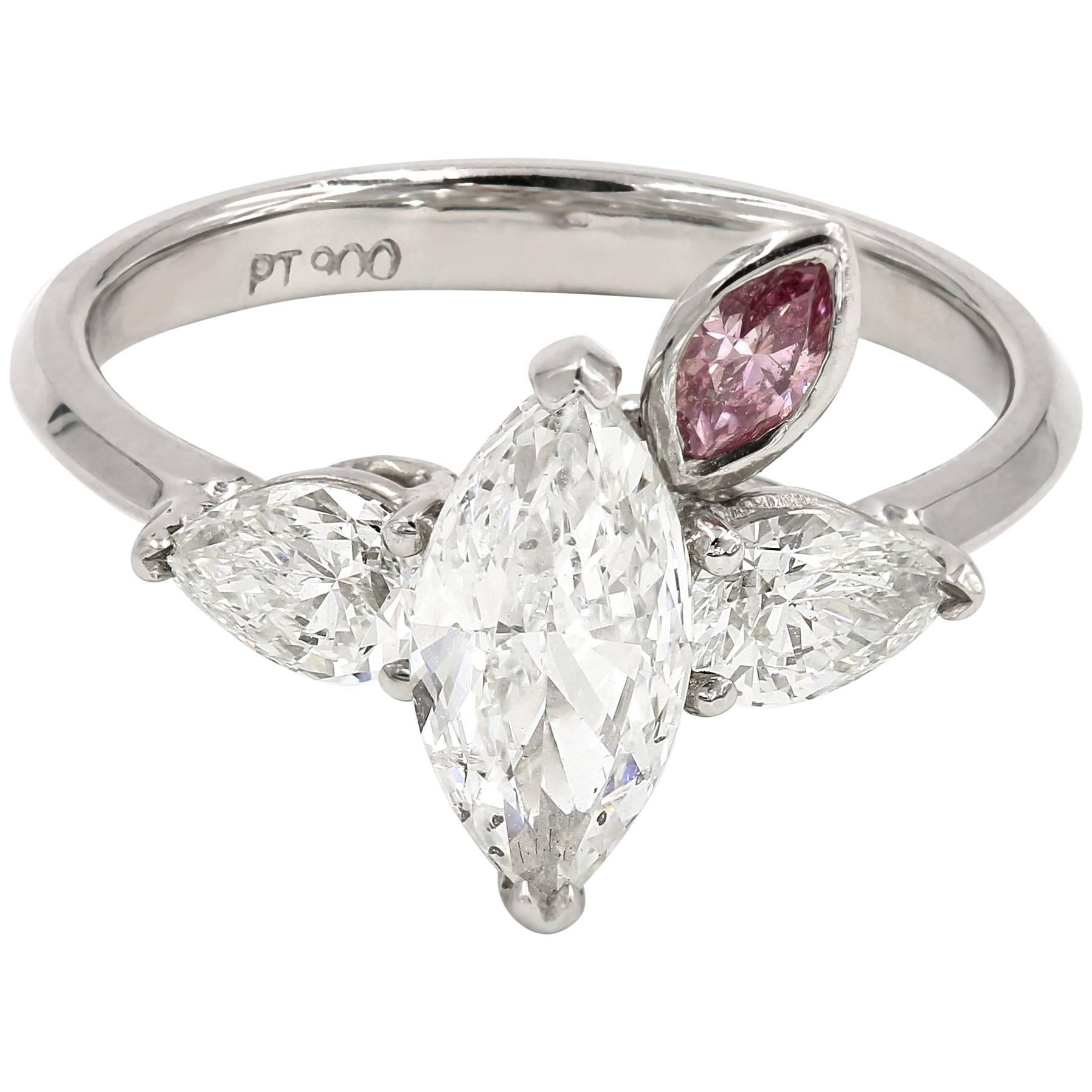 GIA Certified 1.01 Marquise Diamond Ring with Fancy Intense Purplish-Pink Dia