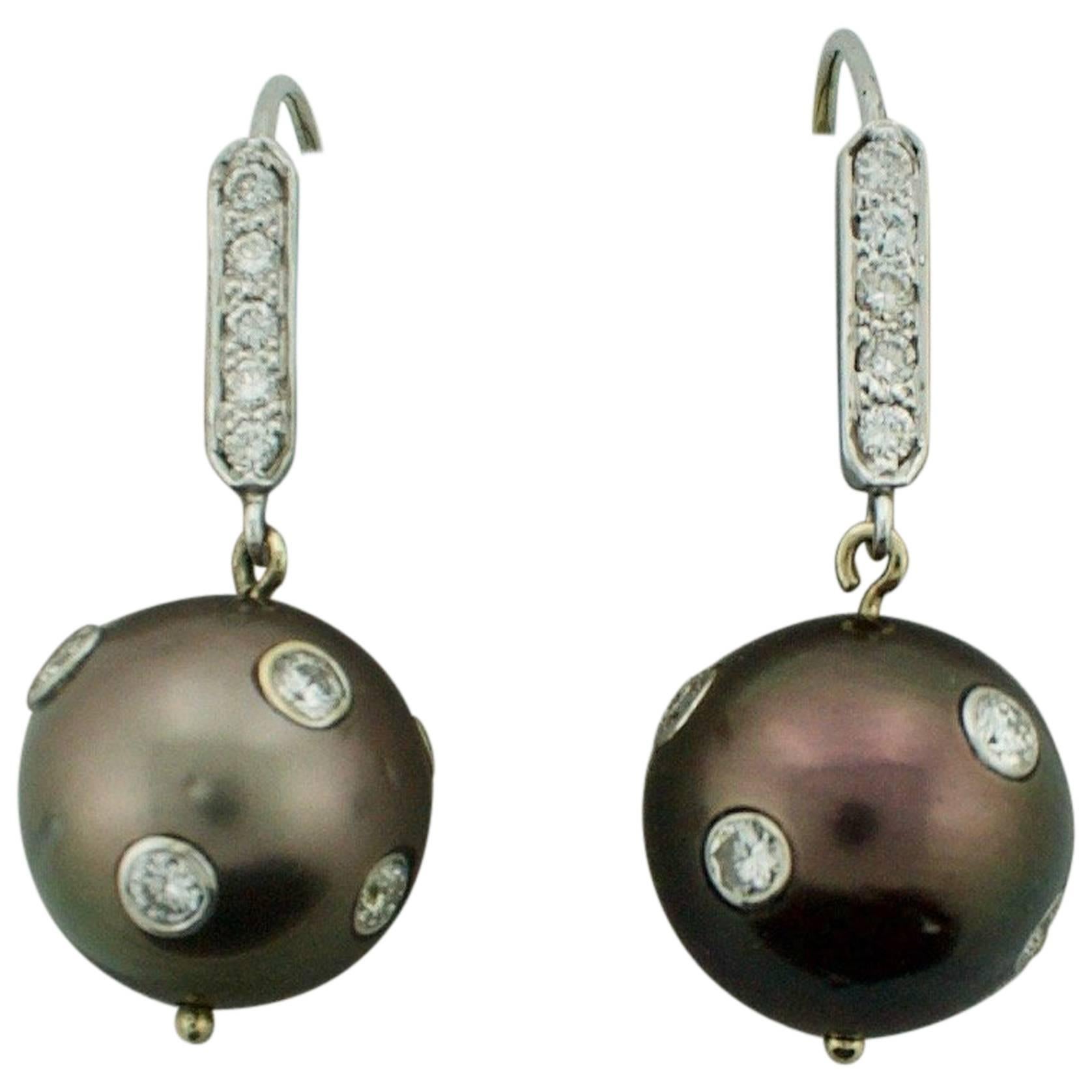 Black Pearl and Diamond Dangling Earrings in White Gold