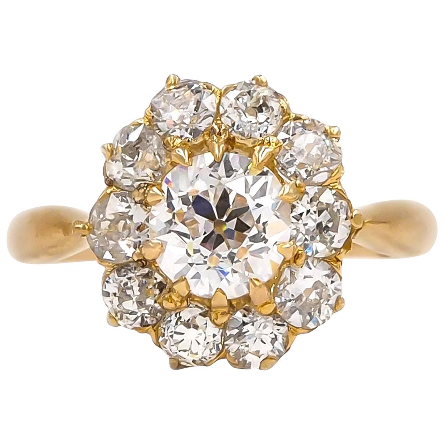 French Victorian GIA Certified 1.26 Carat Old European Cut Diamond Cluster Ring