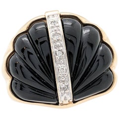 14 Karat Yellow Gold Seashell Black Onyx and Diamond Ring