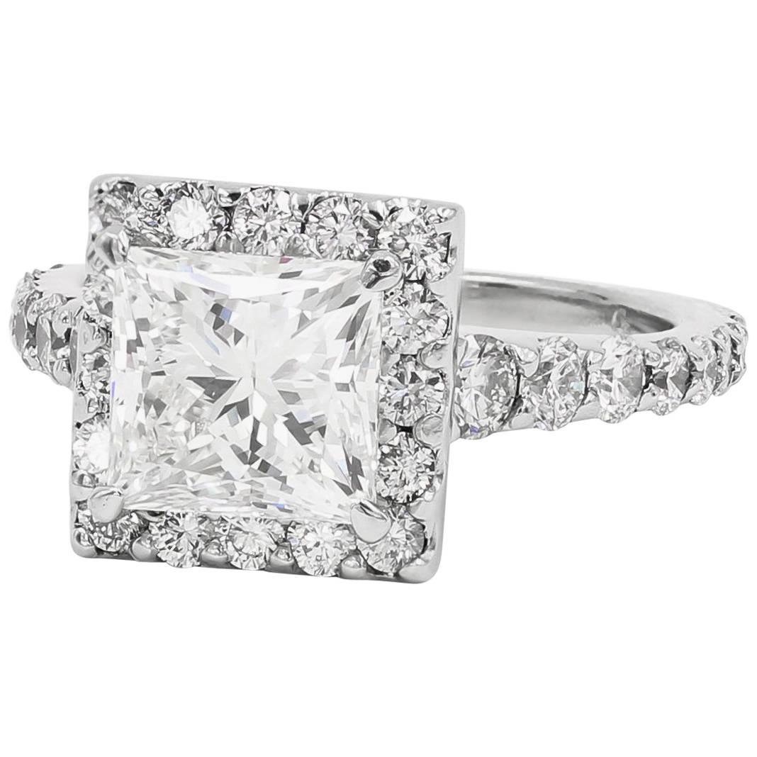 GIA Certified 2.19 Carats Princess Cut Halo Set Platinum Diamond Ring