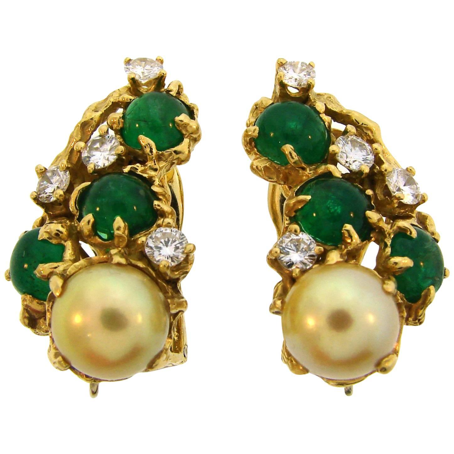 ARTHUR KING Pearl Diamond Emerald Yellow Gold Earrings