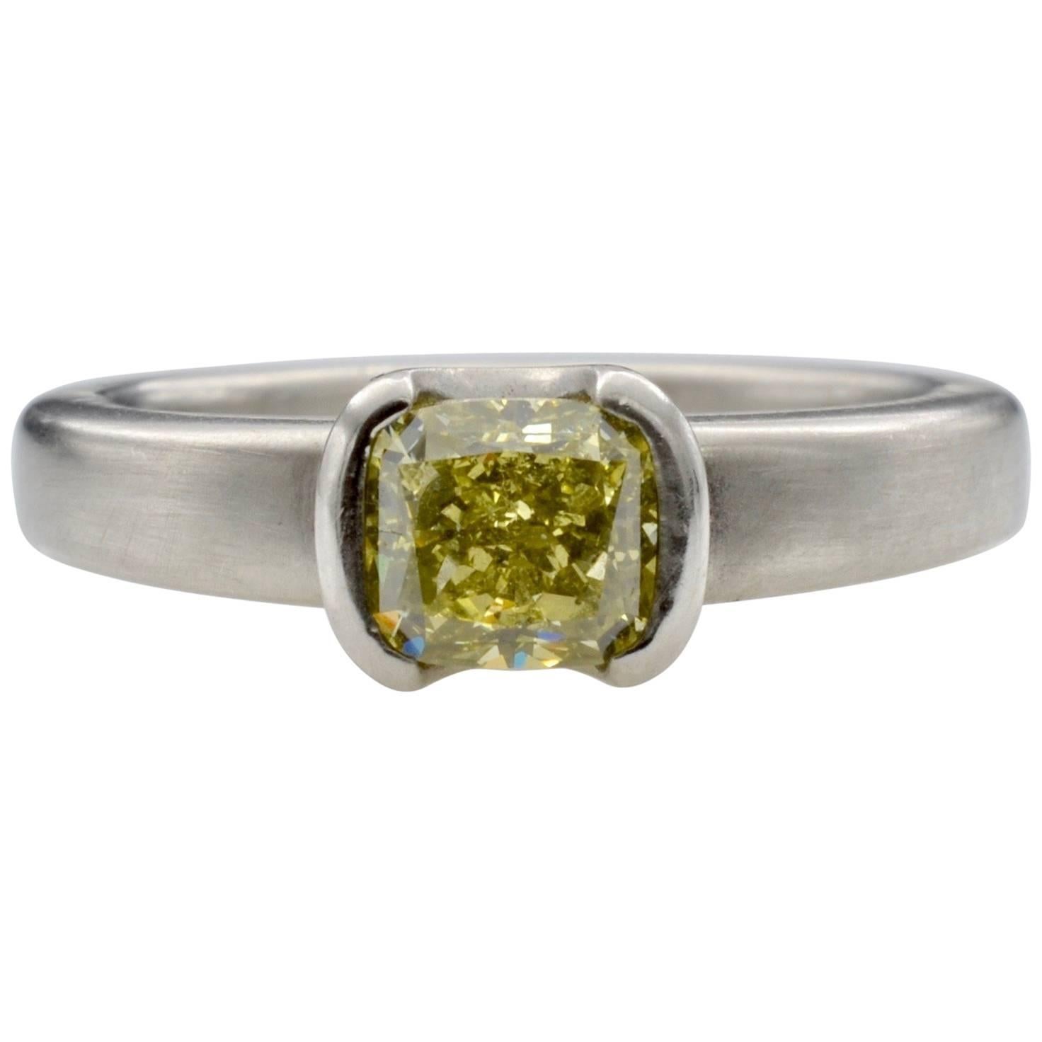 GIA Certified Yellow Diamond Radiant Lemon Platinum Ring