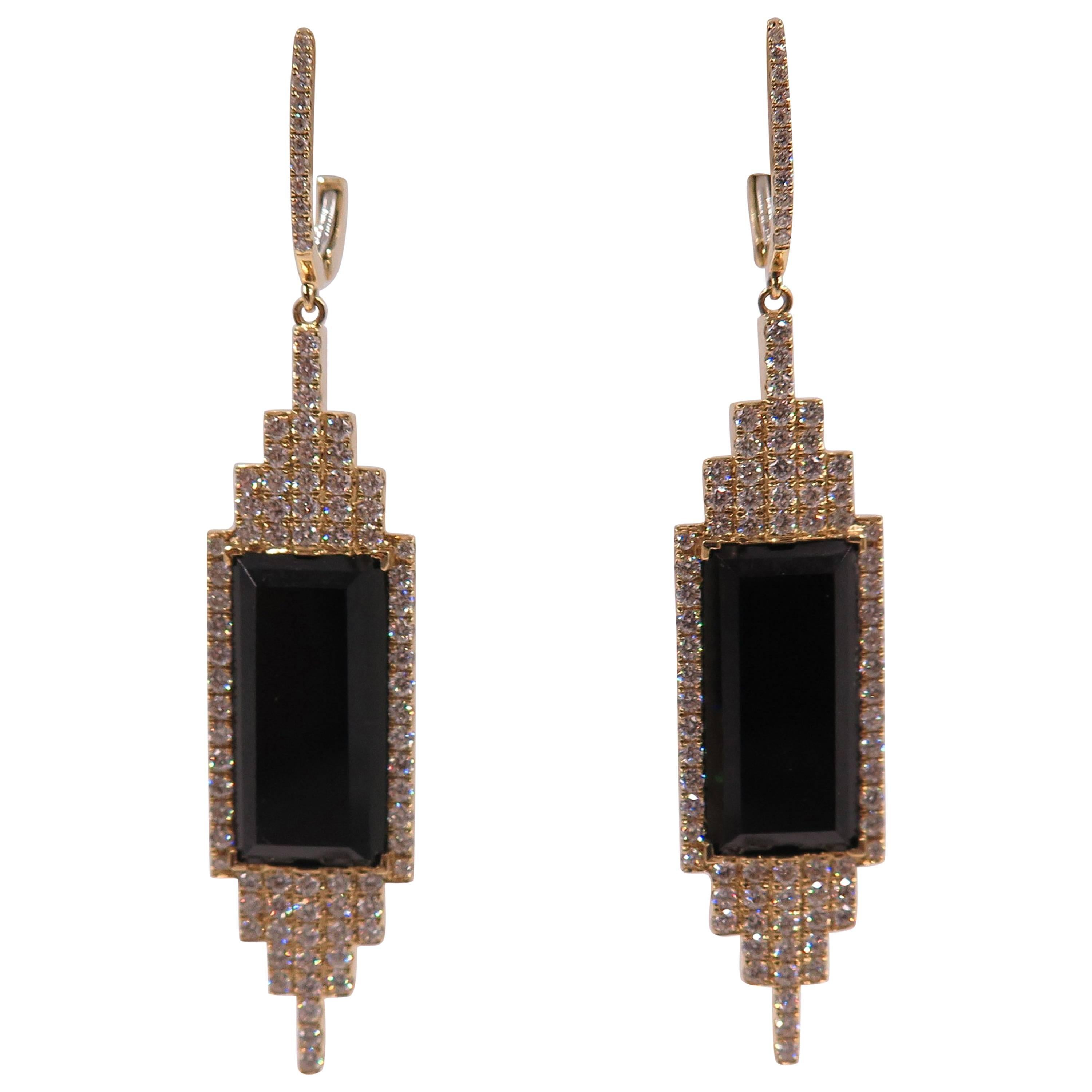 Onyx and Diamond Geometric Style Drop Earrings