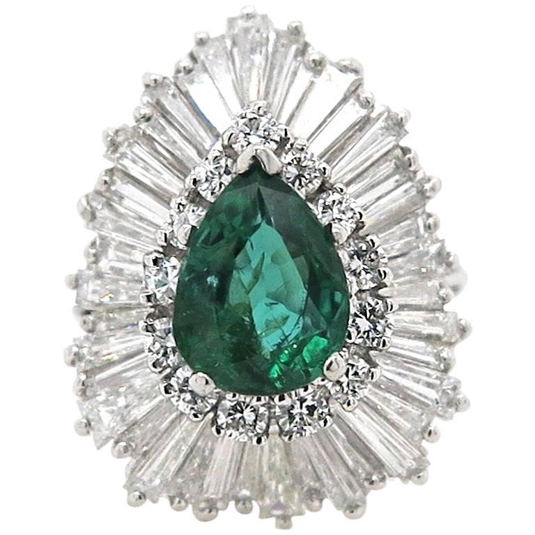 2.15 Carat Pear Shaped Colombian Emerald and 3.95 Carat Diamond Cocktail Ring For Sale