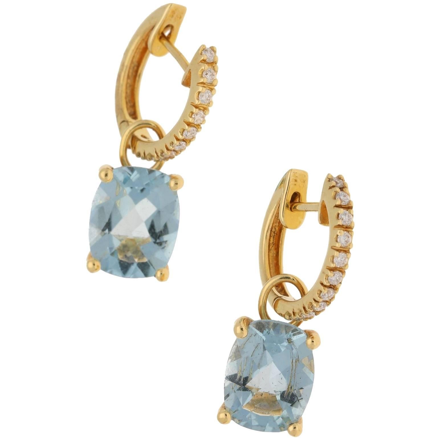 18 Karat Gold Diamond Aquamarine Hoop Drop Earrings