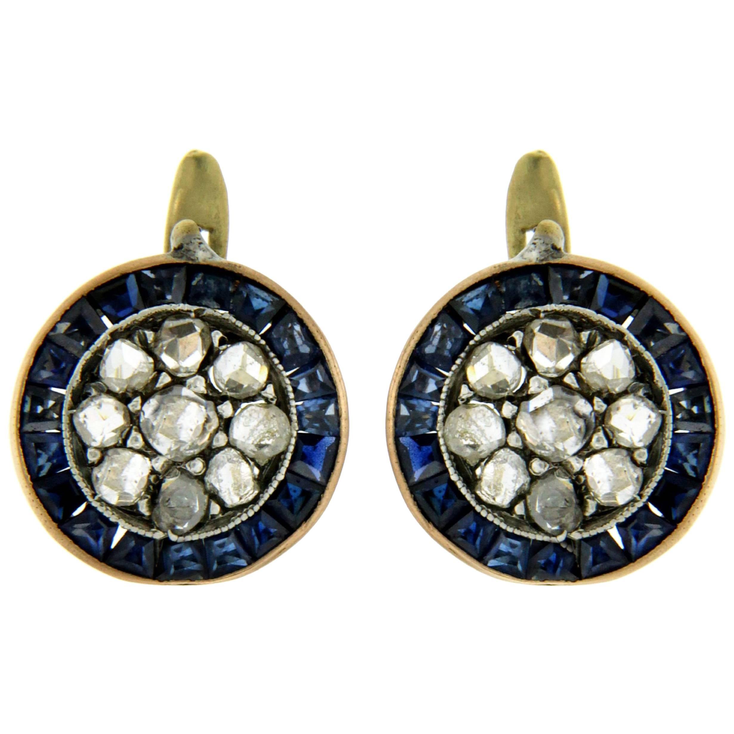 1800' Sapphire Diamond Gold Cluster Earrings