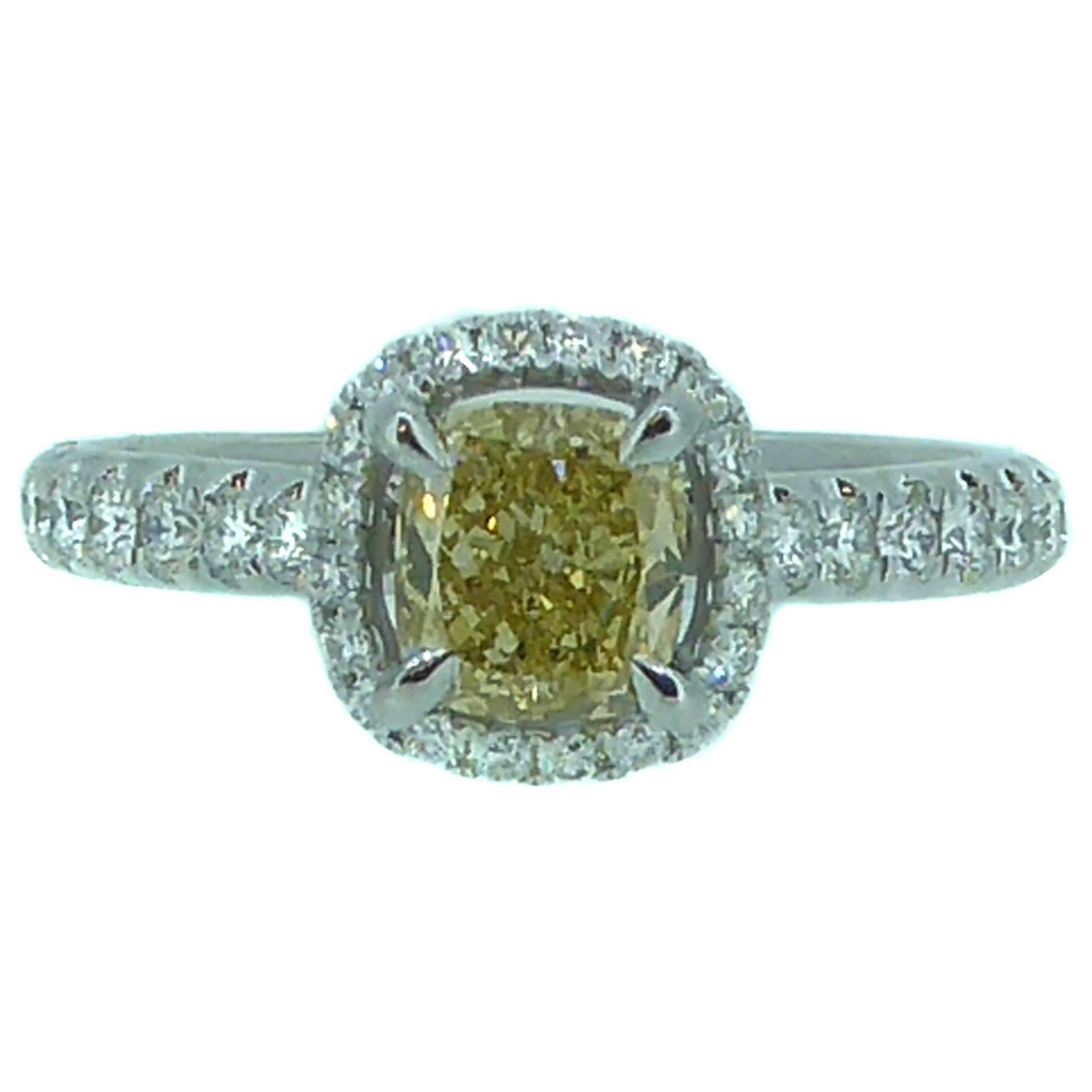1.14 Carat Yellow Diamond Solitaire Engagement Ring, White Diamond Halo Surround