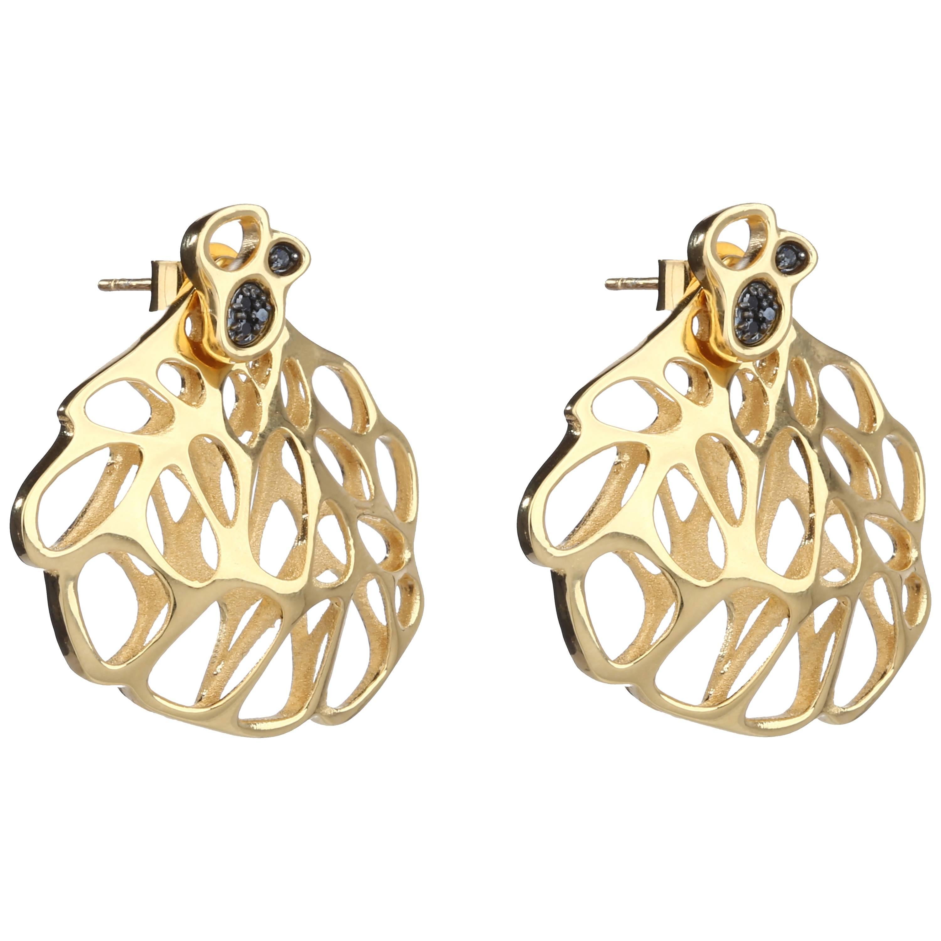 FLOWEN Sterling Silver Aoda Studs and EarJackets in 18k Gold and Black Diamonds  For Sale