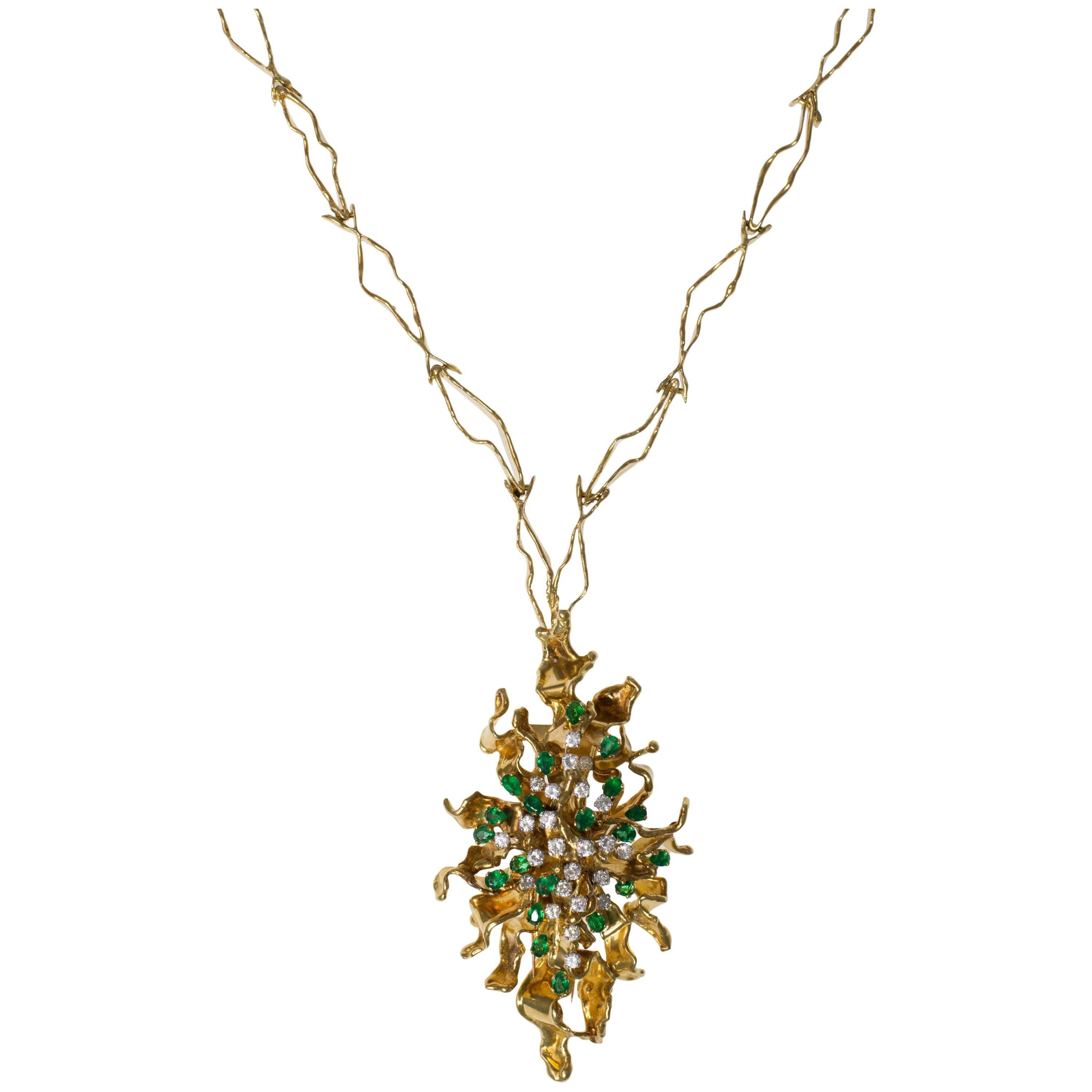 George Weil, Unique Diamond, Emerald, Textured Gold Pendant Necklace