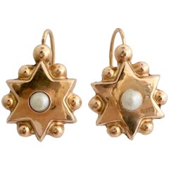 Antique French 14ct Gold Star Pearl Dormeuse Sleeper Drop Napoleon III Earrings